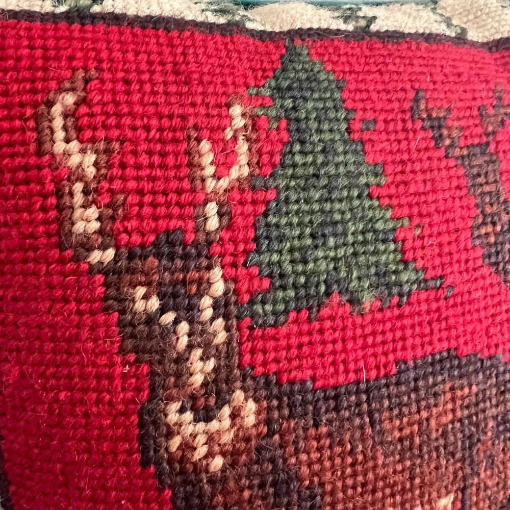 Vintage Needlepoint Deer Pillow Red Green Velvet Rustic Lodge Christmas Decor - Picture 2 of 4